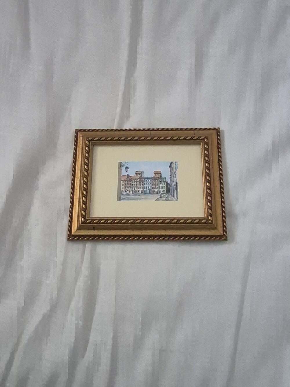 Vintage Watercolor Painting Old Town Square Framed Art from Italy